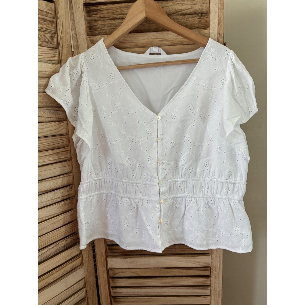 White Cottagecore Eyelet Peplum Top Short Flutter Sleeve V-Neck Button Down XL